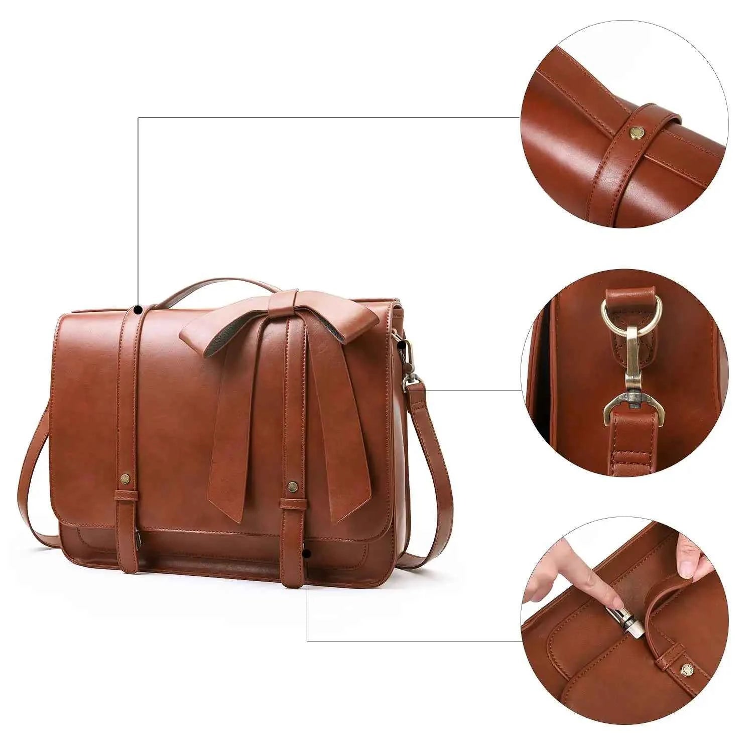 PU Leather Women's Satchel Laptop Bag 14" – Courier Shoulder Bag for College & Travel with Removable Bow