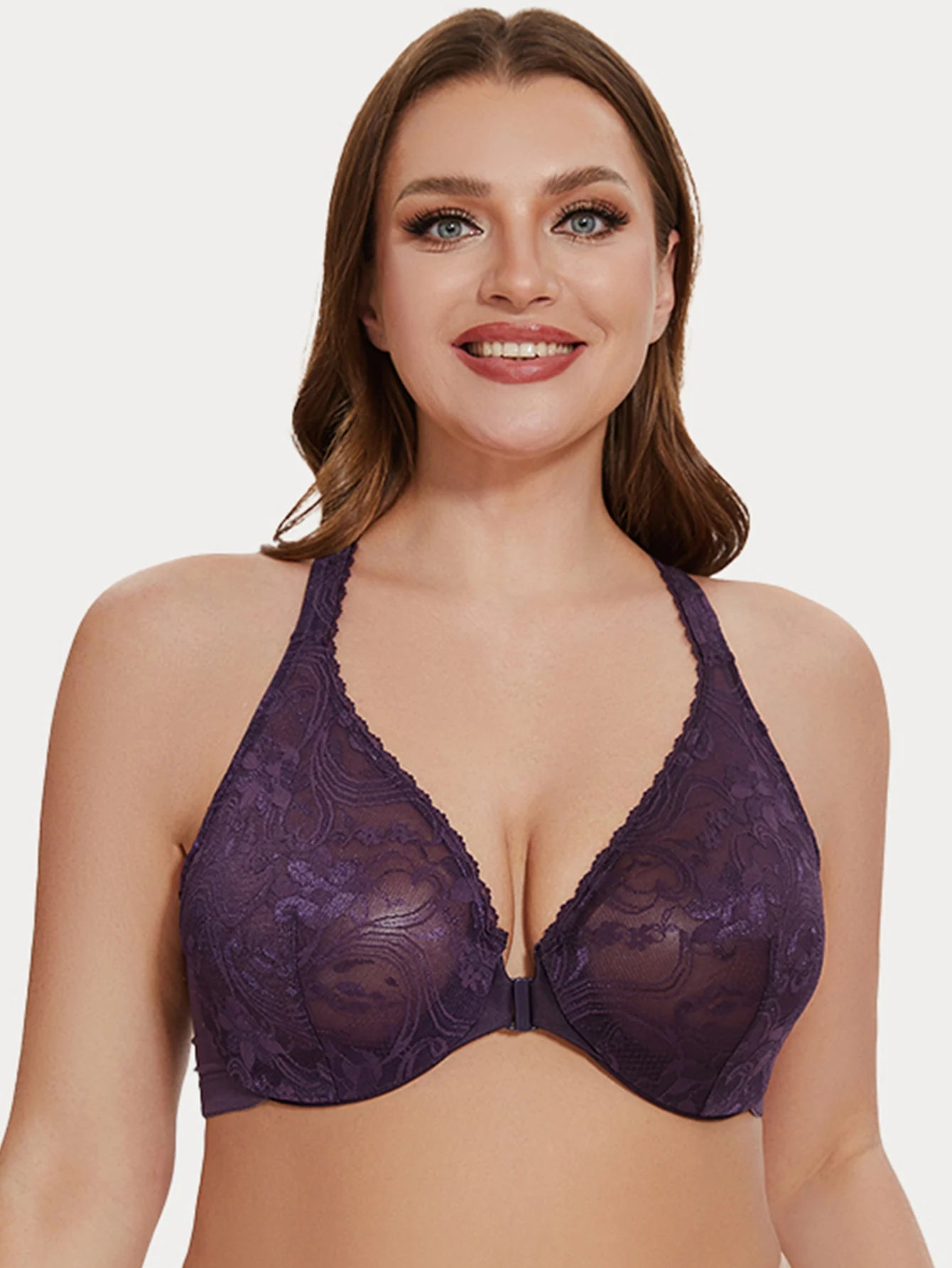 Plus Size Front Closure Racerback Bra | Lace Underwire Unlined Full Coverage