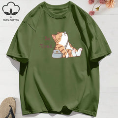 “Too Tired Cat” 100% Cotton Tee, Soft Relaxed Fit Streetwear Graphic Shirt
