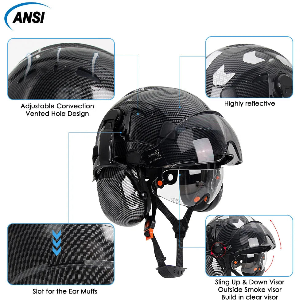 Carbon Fiber Pattern Safety Helmet With Earmuffs Double Goggles by Snagg A Safety Helmet