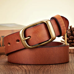 Men’s Genuine Leather Belt — 3.3cm Cowskin Strap with Solid Copper Buckle