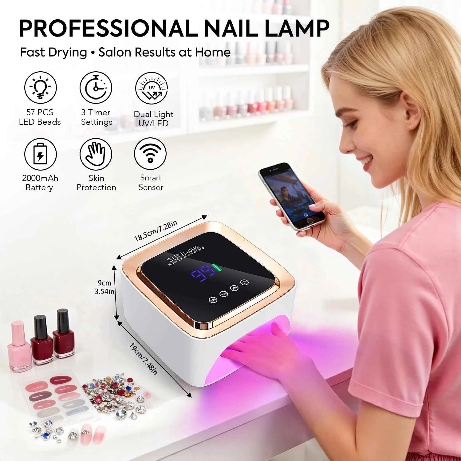 180W High Power Cordless UV/LED Nail Station – 57-LED Wireless Professional Drying Lamp