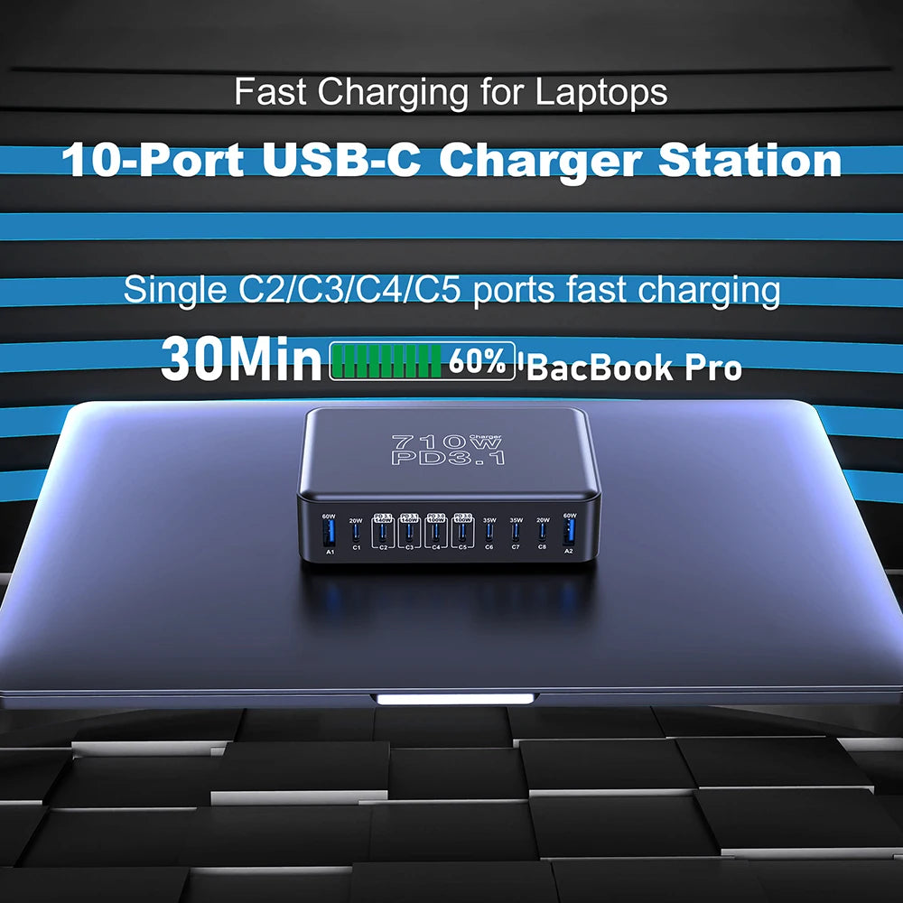 710W GaN 10-Port USB-C Charging Station | PD3.1 140W Fast Charger for MacBook iPhone Samsung