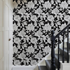 Black & White Floral Retro Peel & Stick Wallpaper - SnaggIt