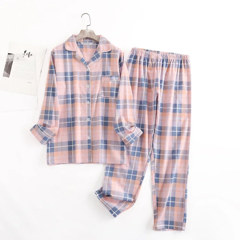 Women's Cotton Flannel Pajama Set | Plaid Long Sleeve Long Pants Loose Autumn Winter Sleepwear