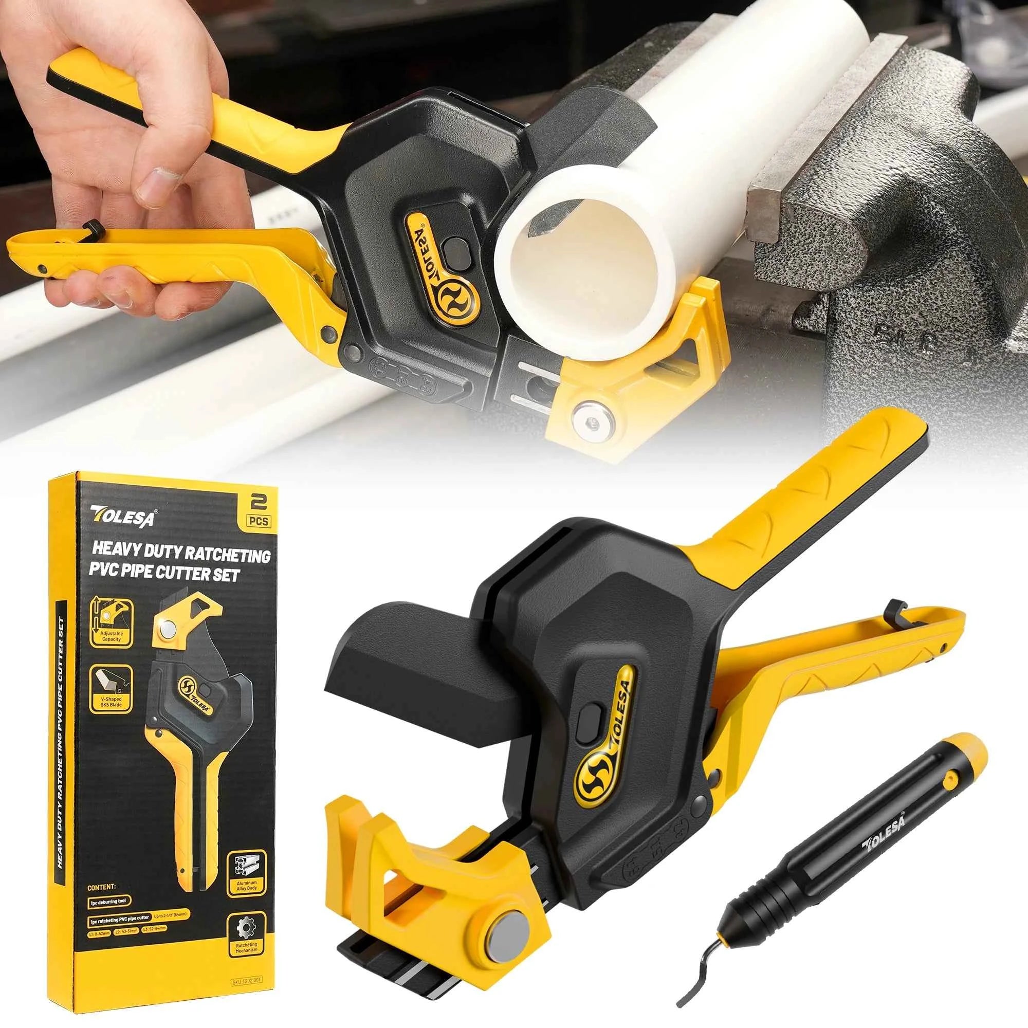 Heavy-duty 3-gear ratchet pipe cutter with deburring tool – image 1