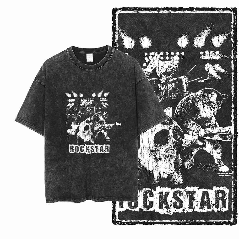 Acid Washed Cat Graphic Unisex T-Shirt | Cotton Streetwear Big Size Vintage Tee