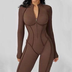 Women's Long Sleeve Yoga Bodysuit | Zipper One-Piece Gym Jumpsuit High-Intensity Fitness Tights