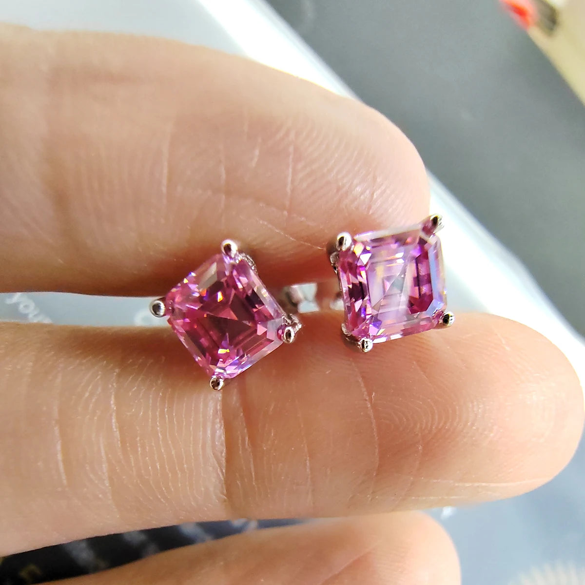 Pink Square Moissanite Earrings by Snagg An Earring