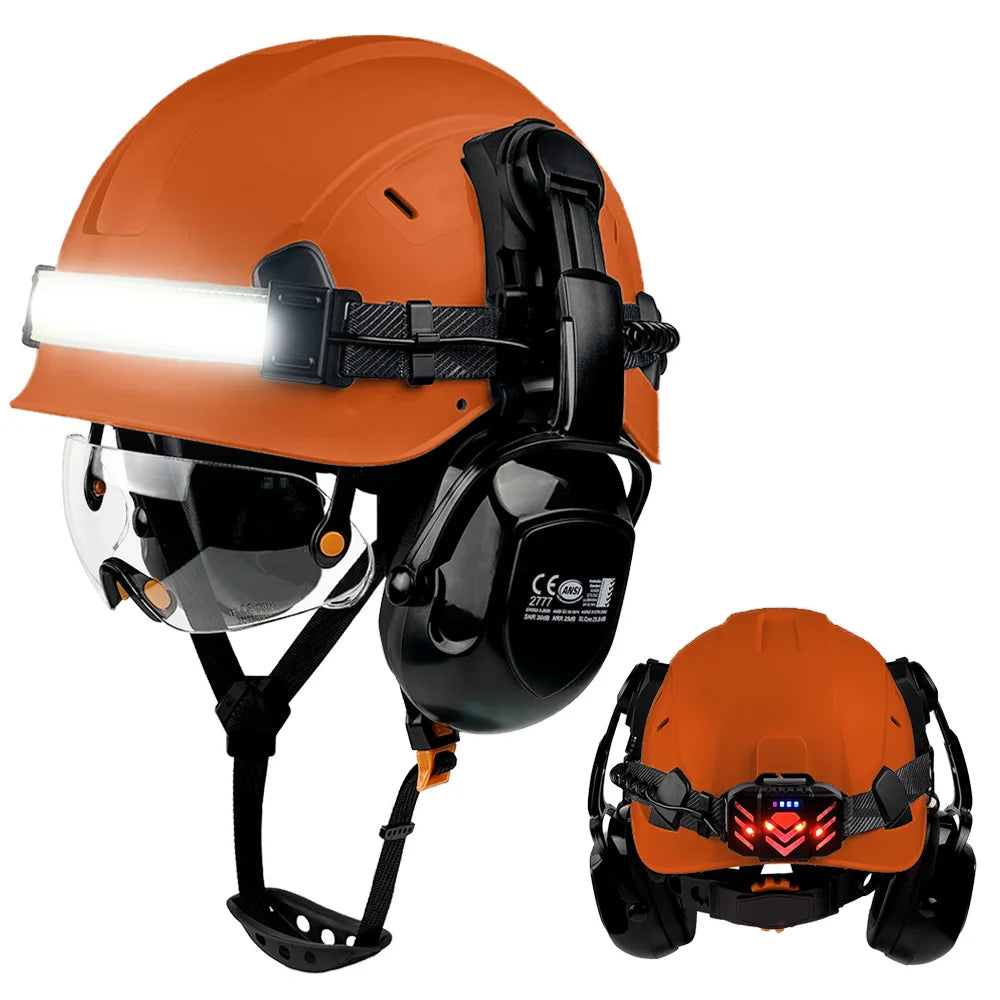 Construction safety helmet with LED light strip, goggles and earmuffs – image 12