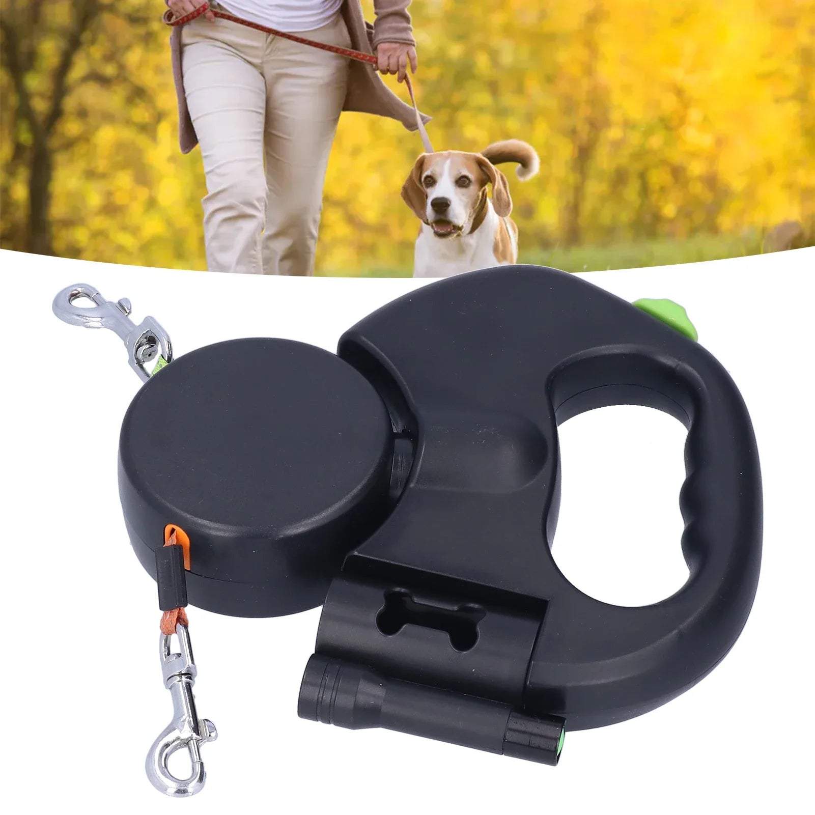 Retractable Double Dog Leash 1-to-2 – Automatic Lead with Built-In Flashlight & Bag Dispenser