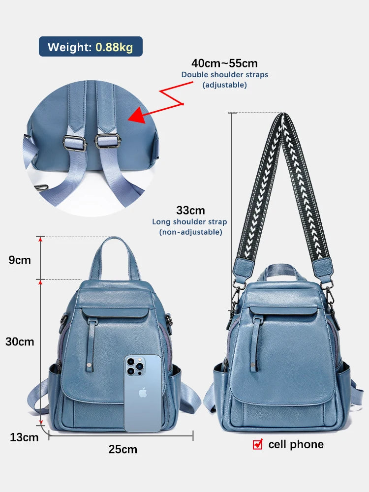 Genuine Leather Women's Fashion Backpack – High-Quality School & Travel Shoulder Bag with Multifunctional Pockets