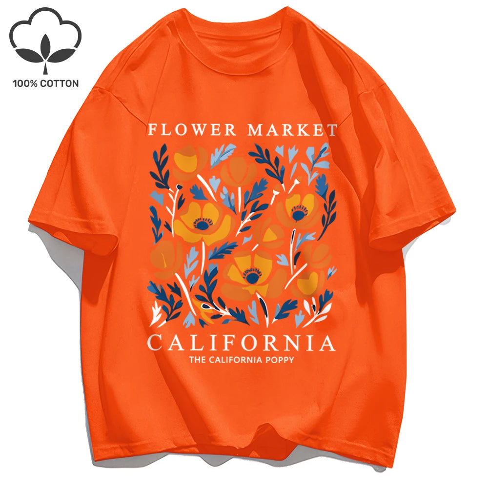 Women's California Yellow Flowers Market Print T-Shirt | Soft Cotton O-Neck Casual Crewneck Short Sleeve