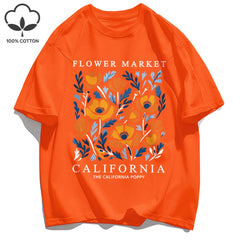 Women's California Yellow Flowers Market Print T-Shirt | Soft Cotton O-Neck Casual Crewneck Short Sleeve