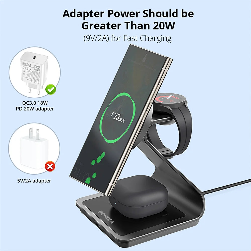 3 in 1 Wireless Charger Station for Samsung Phone, Watch & Earbuds by Snagg A Charging Station