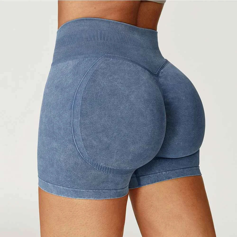 Women's High Waist Lift Butt Yoga Shorts | Sand-Washed Seamless Workout Gym Running Short Pants