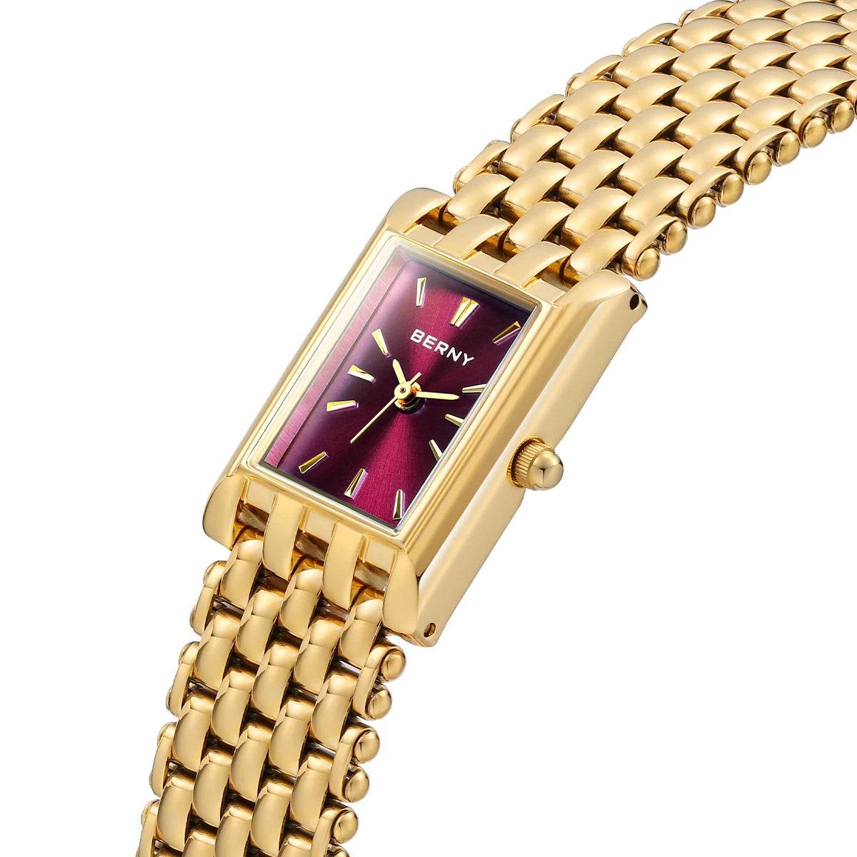 BERNY Gold Women’s Burgundy Red Rectangle Quartz Watch - SnaggIt