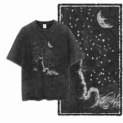 Acid Washed Cat Graphic Unisex T-Shirt | Cotton Streetwear Big Size Vintage Tee