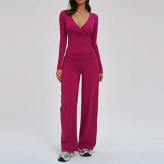 Women's 2-Piece Deep V Yoga Set | High Waist Flared Pants & Sports Bra Gym Fitness Tracksuit