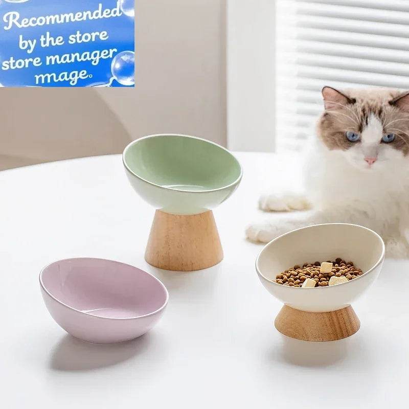 Cat Tilted Ceramic Bowl with Wooden Stand - SnaggIt