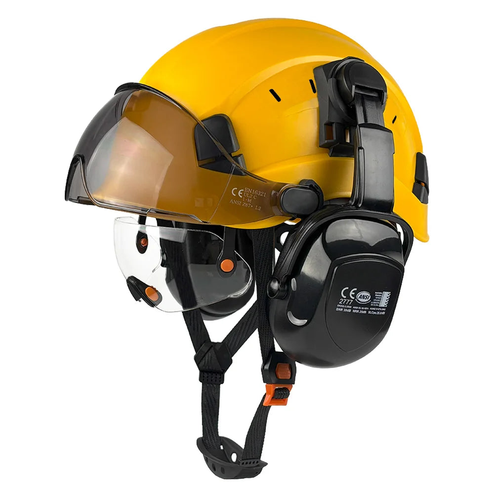 Construction safety helmet with twin visors and earmuffs – image 12