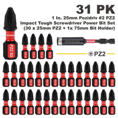 1" Pozidriv #2 PZ2 Impact Screwdriver Bit Set – Magnetic S2 Alloy Steel Power Bits (30–49 Pieces)