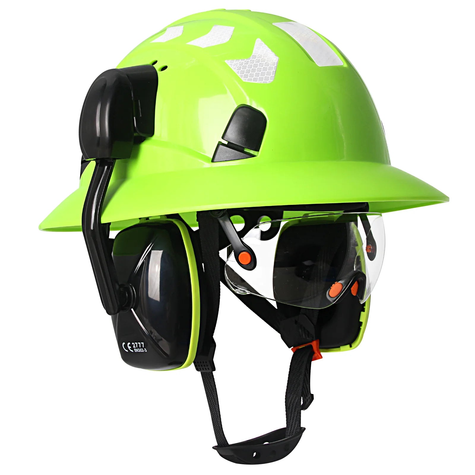 Full brim construction safety helmet with goggles, earmuffs and reflective stickers – image 14