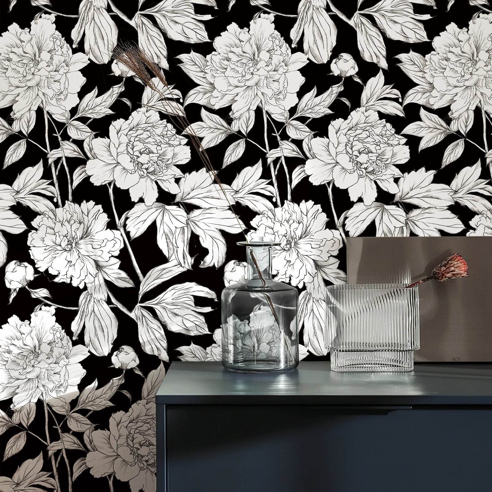 Black & White Floral Retro Peel & Stick Wallpaper - SnaggIt