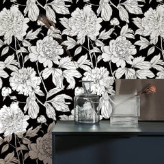 Black & White Floral Retro Peel & Stick Wallpaper - SnaggIt