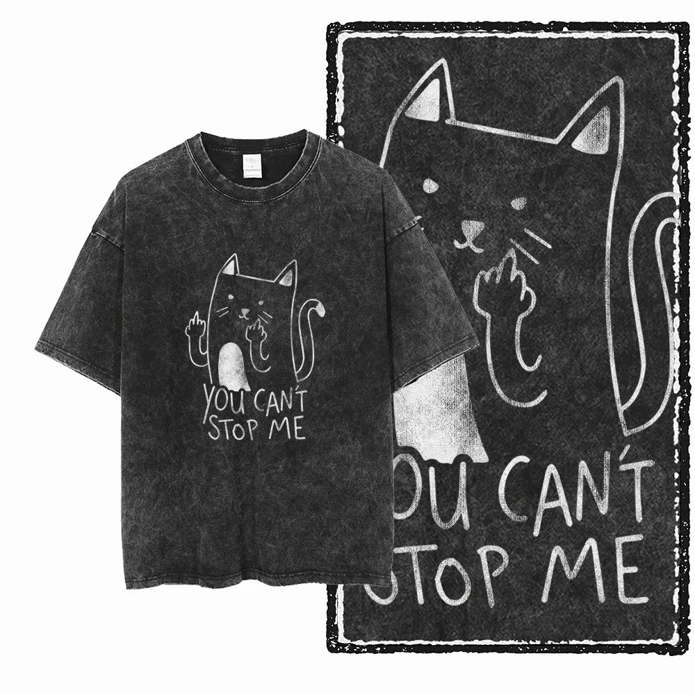 Acid Washed Cat Graphic Unisex T-Shirt | Cotton Streetwear Big Size Vintage Tee