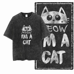 Acid Washed Cat Graphic Unisex T-Shirt | Cotton Streetwear Big Size Vintage Tee