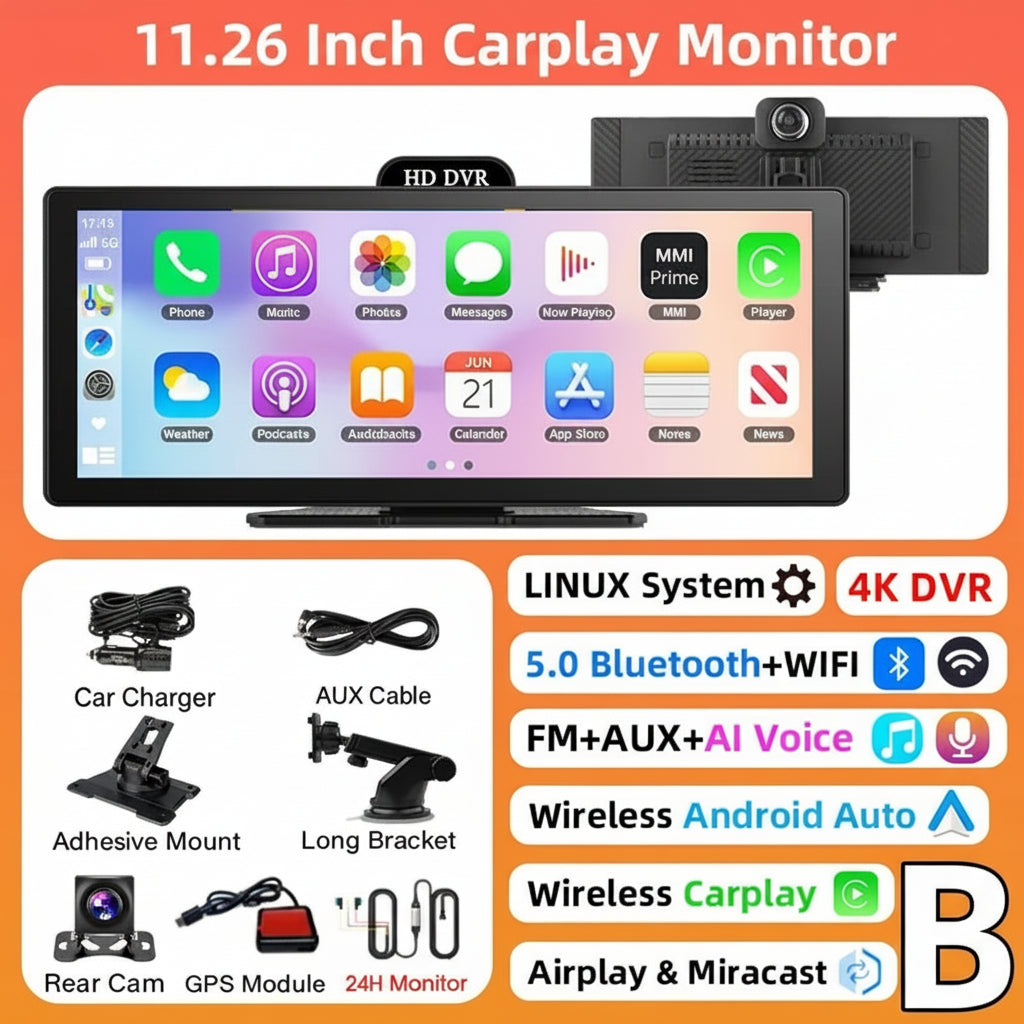 10"/11.26" 4K Dual Lens DVR with Wireless CarPlay by Snagg A Car DVR
