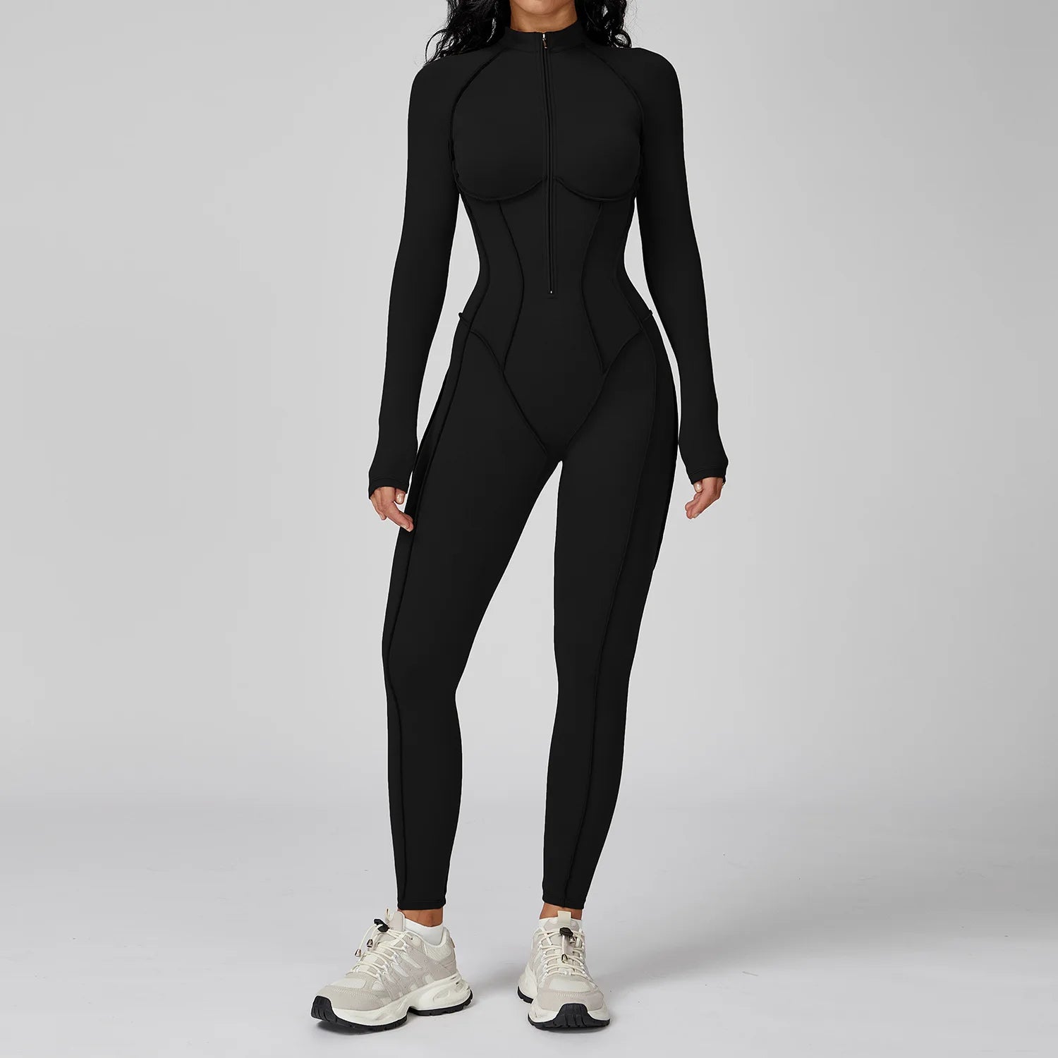 Women's Long Sleeve Yoga Bodysuit | Zipper One-Piece Gym Jumpsuit High-Intensity Fitness Tights