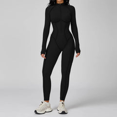 Women's Long Sleeve Yoga Bodysuit | Zipper One-Piece Gym Jumpsuit High-Intensity Fitness Tights