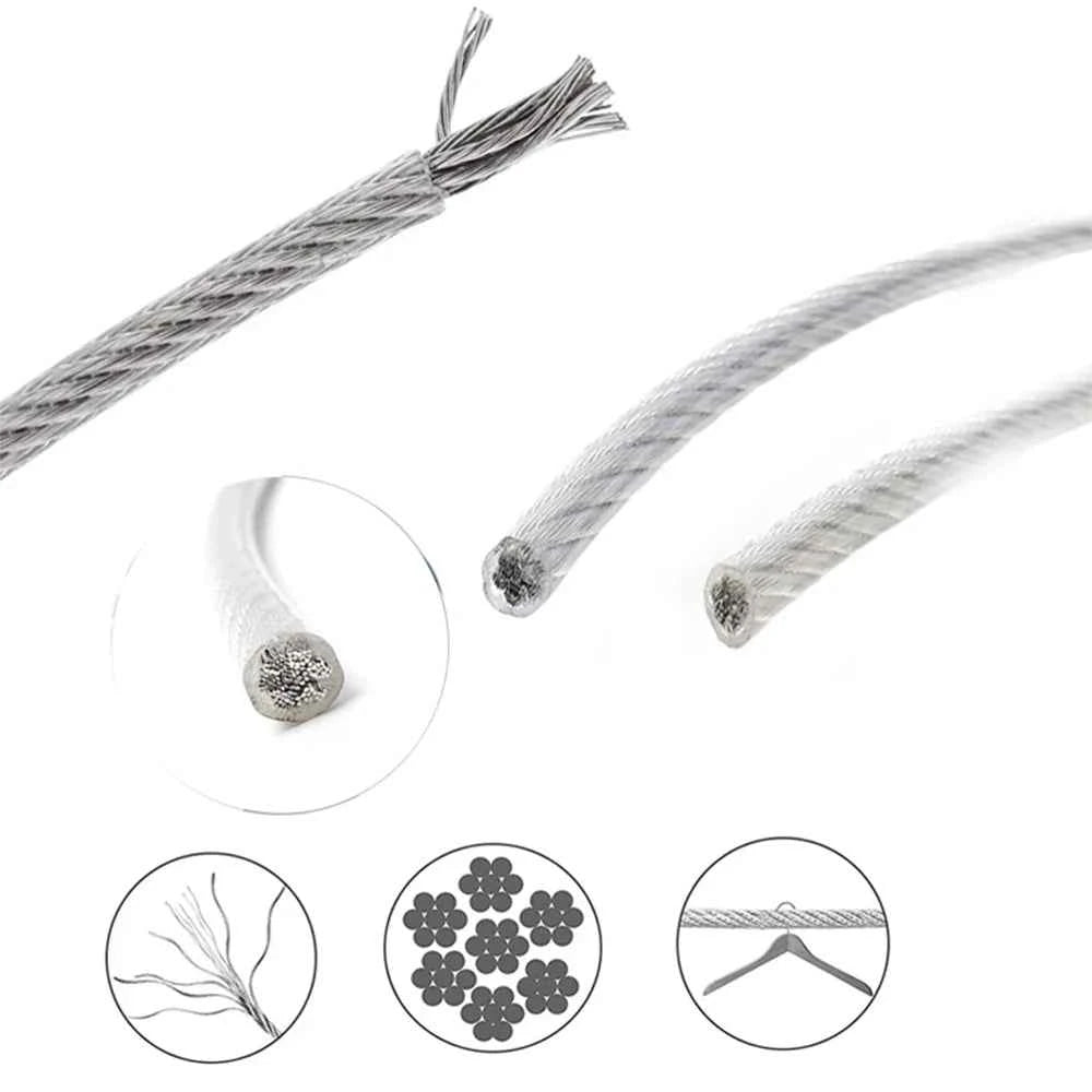 1mm PVC Transparent Coated Steel Wire Rope 7×7 | Flexible Soft Cable 20/50/100M Hanging Line