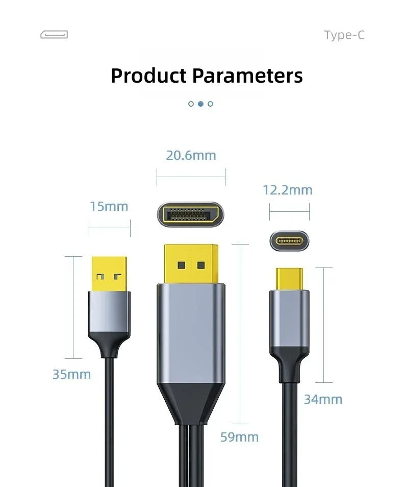 DisplayPort to USB-C Converter Cable – 2K@144Hz / 4K@60Hz for Portable Screen & VR/AR Glasses