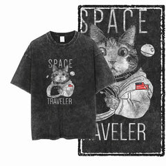Acid Washed Cat Graphic Unisex T-Shirt | Cotton Streetwear Big Size Vintage Tee