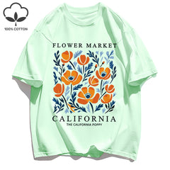 Women's California Yellow Flowers Market Print T-Shirt | Soft Cotton O-Neck Casual Crewneck Short Sleeve