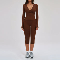 Women's 2-Piece Deep V Yoga Set | High Waist Flared Pants & Sports Bra Gym Fitness Tracksuit