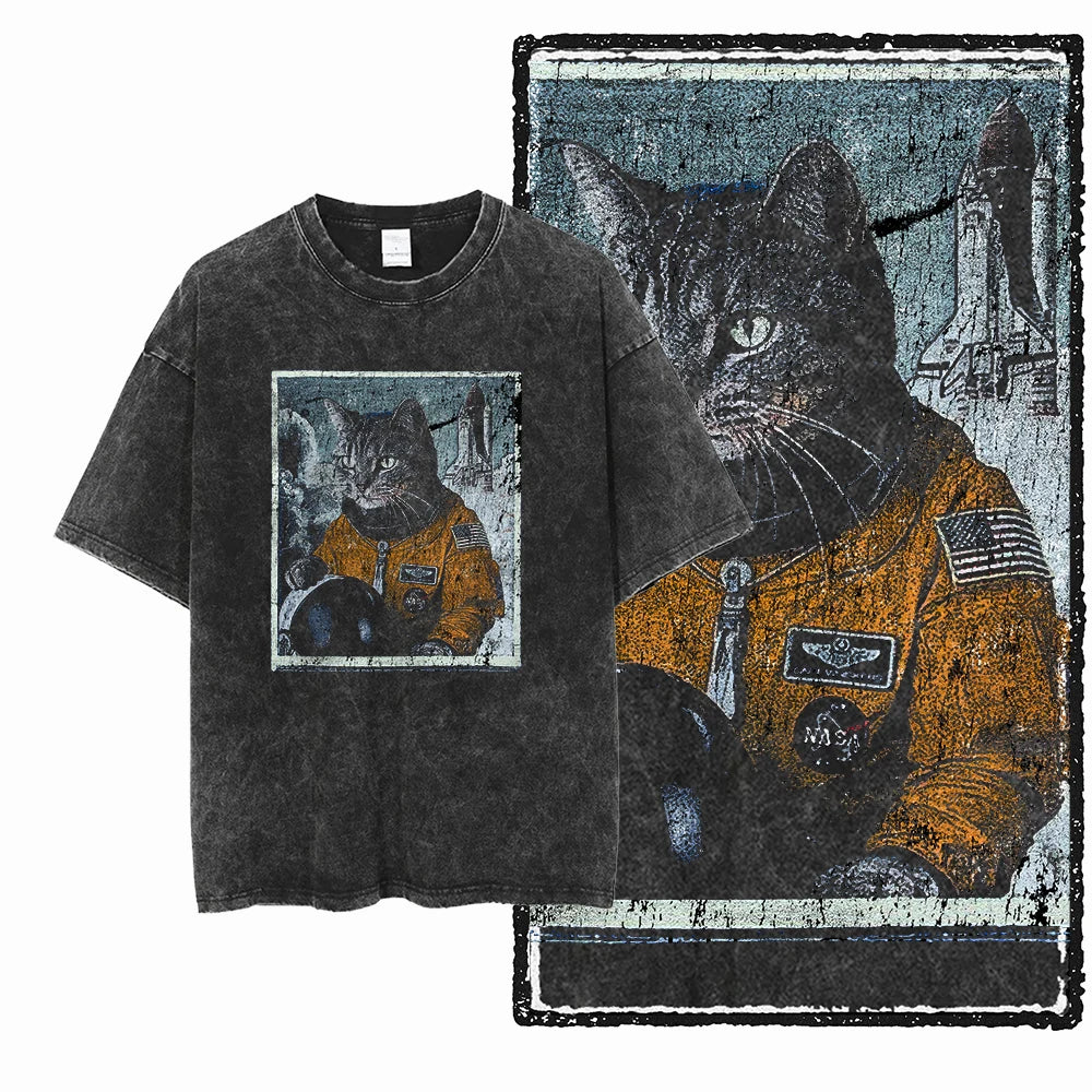 Acid Washed Cat Graphic Unisex T-Shirt | Cotton Streetwear Big Size Vintage Tee