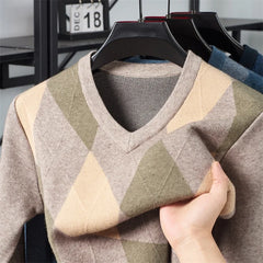Men’s Argyle Plaid V-Neck Pullover | Classic Winter Knitted Sweater