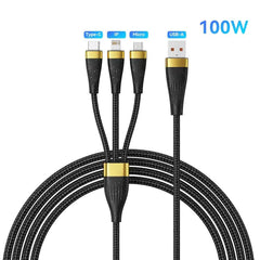 3-in-1 USB Charging Cable 100W 6A | USB-C Lightning Micro-USB Fast Charging for iPhone 14 Samsung Xiaomi