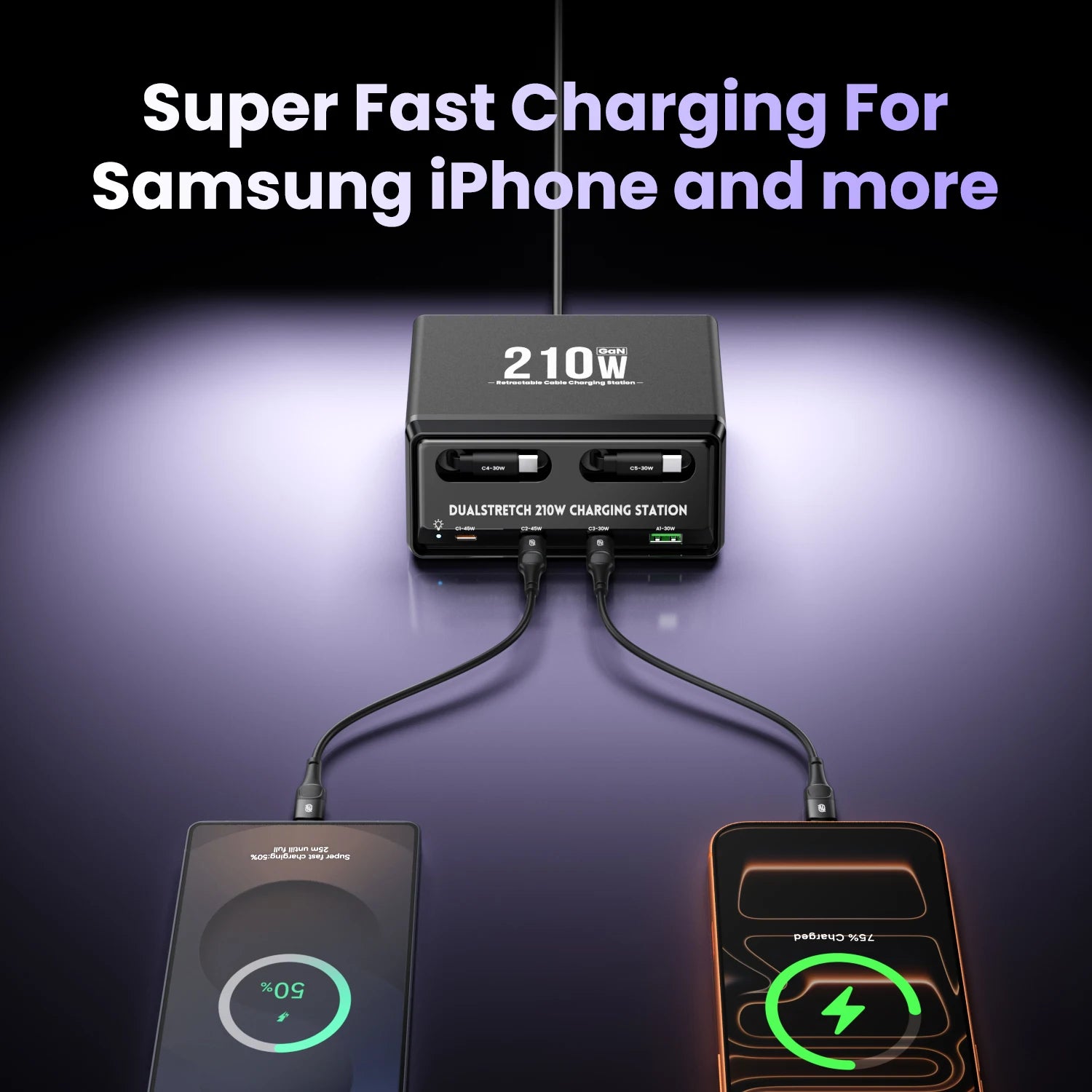 6-in-1 GaN USB-C Fast Charging Tower | Retractable USB-C Cable Power Station for iPhone iPad Samsung Tablet