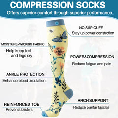 6 Pack Compression Socks — Floral & Butterfly Design, Knee-High Support for Sports & Nurses