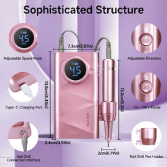 Professional 45,000 RPM Ultra Quiet Cordless Nail Drill – High-Torque 4500mAh Rechargeable Manicure Station