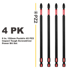 6" Pozidriv #2 PZ2 Impact Screwdriver Bit Set – Magnetic S2 Alloy Steel Power Bits