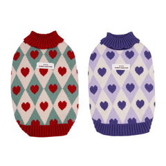 Knitted Turtleneck Dog Sweater – Diamond Heart Pattern Winter Jumper for Small Dogs & Puppies