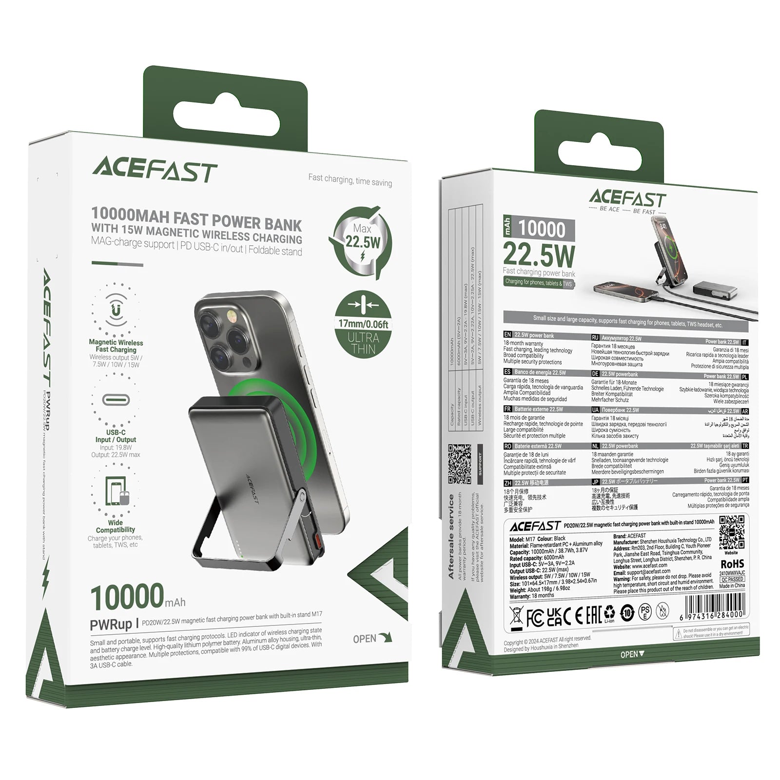 ACEFAST 10000mAh Magnetic Wireless Power Bank with Bracket For iPhone 16/15 PD20W/22.5W USB C Fast Charging For Samsung S24/S25 by SnaggIt