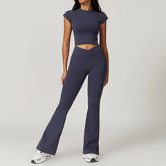 Women's 2-Piece Short Sleeve Yoga Set | Crop Top & High Waist Leggings Gym Workout Sportswear