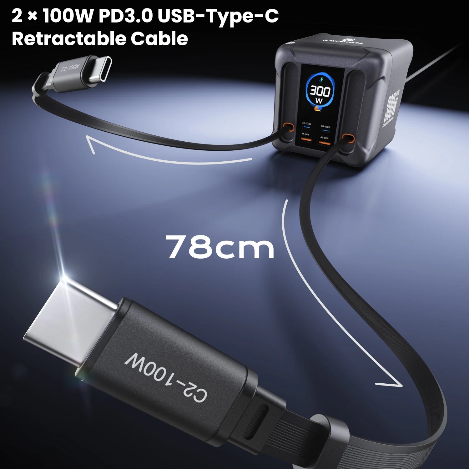 300W GaN USB Charging Station | LED Display + Retractable 100W & 65W USB-C PD3.0 PPS Fast Charger